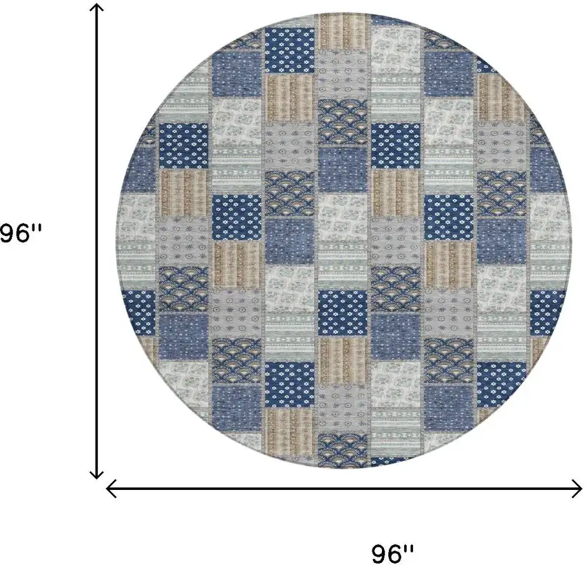 8' Navy Blue And Blue Round Patchwork Washable Indoor Outdoor Area Rug Photo 6