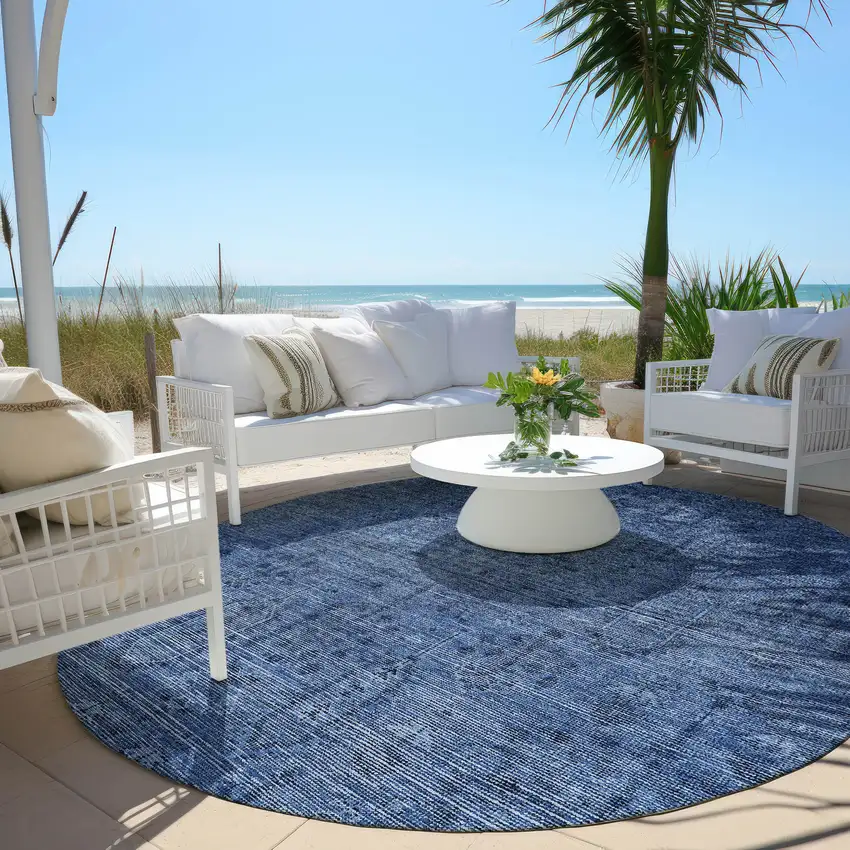 8' Navy Blue And Blue Round Southwestern Washable Indoor Outdoor Area Rug Photo 5