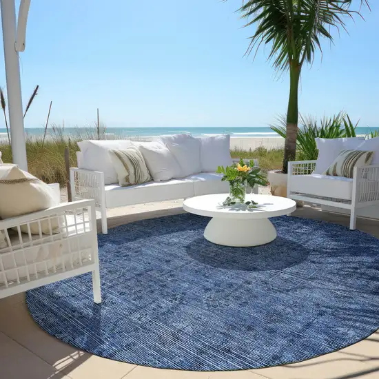 8' Navy Blue And Blue Round Southwestern Washable Indoor Outdoor Area Rug Photo 5