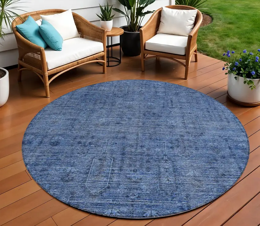 8' Navy Blue And Blue Round Southwestern Washable Indoor Outdoor Area Rug Photo 1
