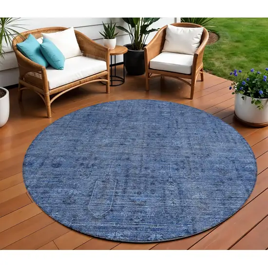 8' Navy Blue And Blue Round Southwestern Washable Indoor Outdoor Area Rug Photo 1