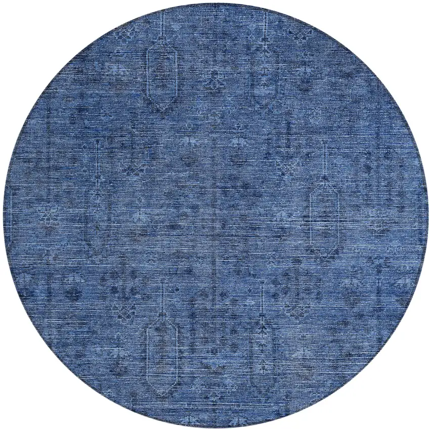 8' Navy Blue And Blue Round Southwestern Washable Indoor Outdoor Area Rug Photo 2