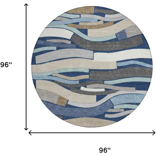 8' Navy Blue And Blue Round Striped Washable Indoor Outdoor Area Rug Photo 5