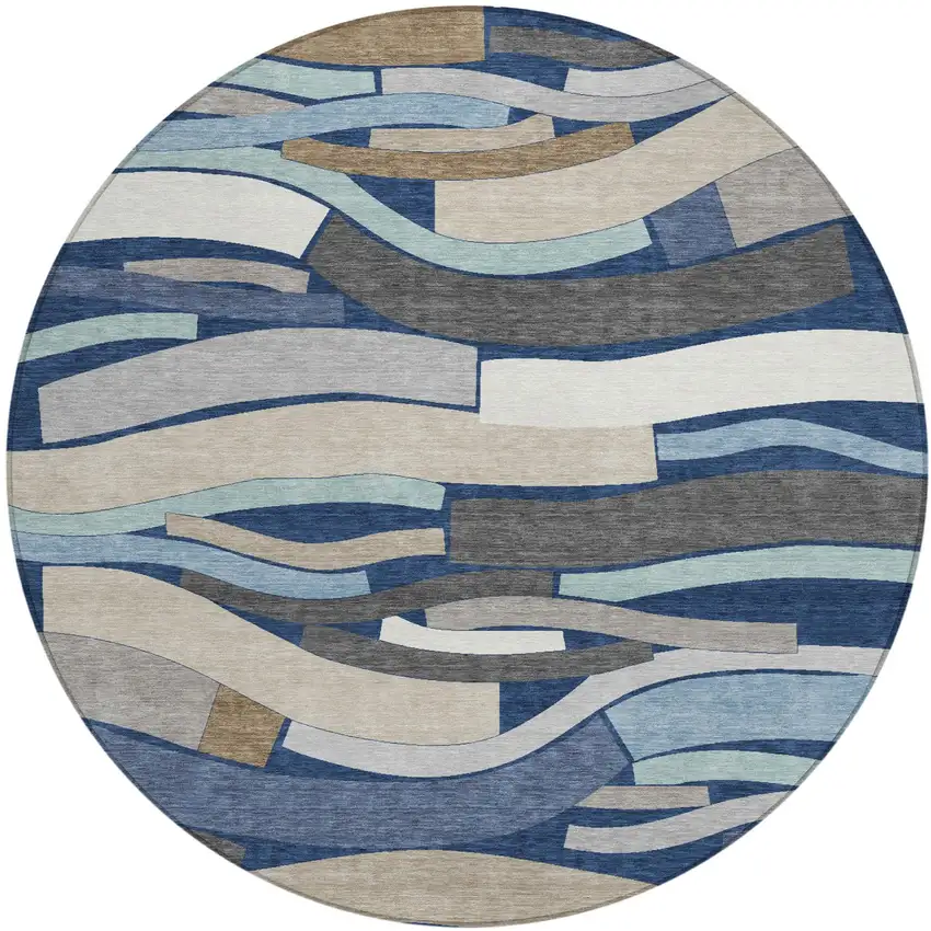 8' Navy Blue And Blue Round Striped Washable Indoor Outdoor Area Rug Photo 2