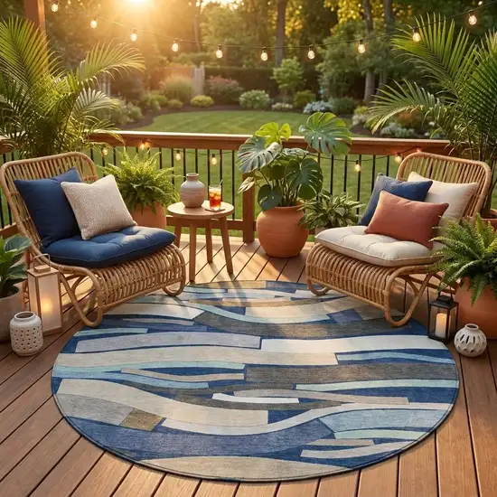 8' Navy Blue And Blue Round Striped Washable Indoor Outdoor Area Rug Photo 1