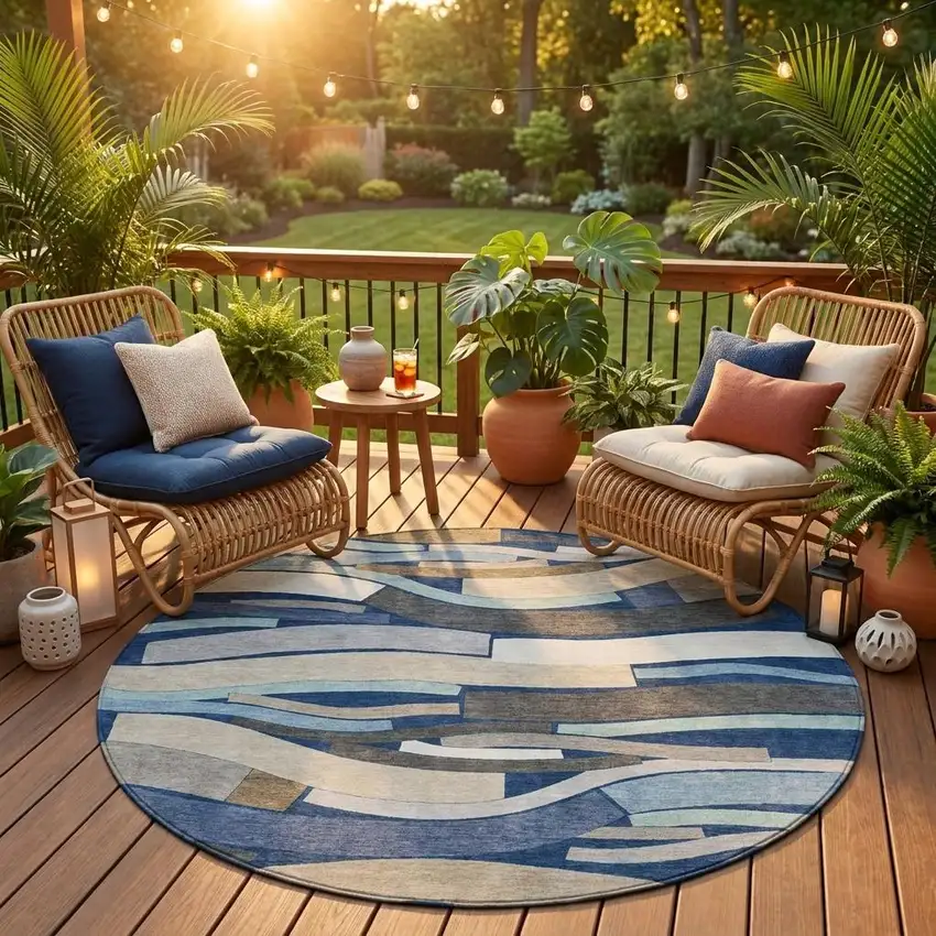 8' Navy Blue And Blue Round Striped Washable Indoor Outdoor Area Rug Photo 1