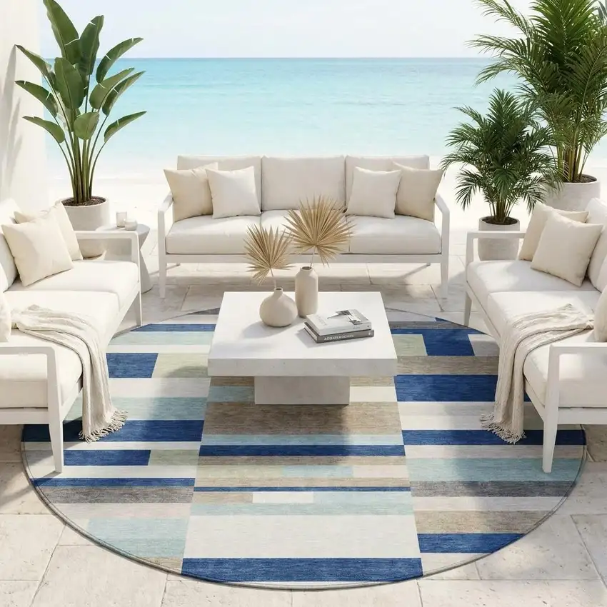8' Navy Blue And Blue Round Striped Washable Indoor Outdoor Area Rug Photo 1