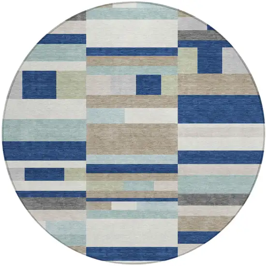 8' Navy Blue And Blue Round Striped Washable Indoor Outdoor Area Rug Photo 2