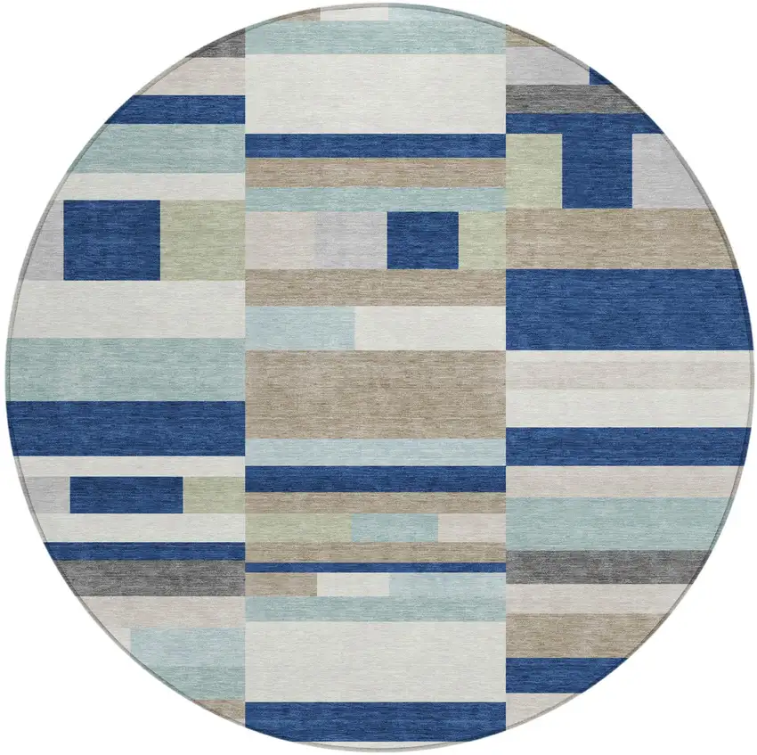 8' Navy Blue And Blue Round Striped Washable Indoor Outdoor Area Rug Photo 2