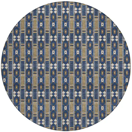 8' Navy Blue And Blue Round Striped Washable Indoor Outdoor Area Rug Photo 2