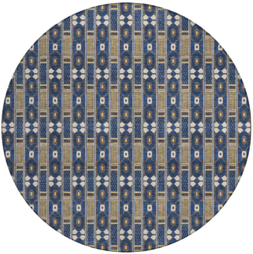 8' Navy Blue And Blue Round Striped Washable Indoor Outdoor Area Rug Photo 2