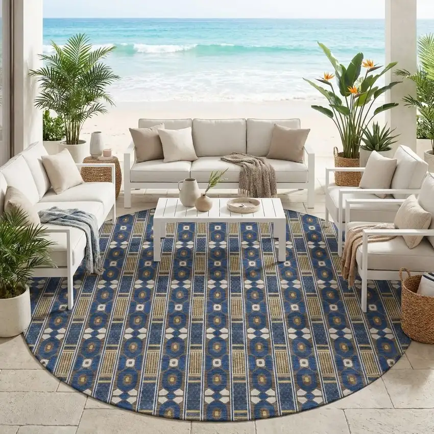 8' Navy Blue And Blue Round Striped Washable Indoor Outdoor Area Rug Photo 1