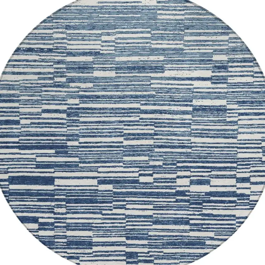 8' Navy Blue And Blue Round Striped Washable Indoor Outdoor Area Rug Photo 1