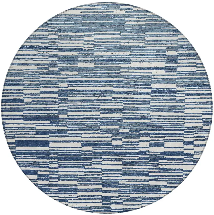 8' Navy Blue And Blue Round Striped Washable Indoor Outdoor Area Rug Photo 2