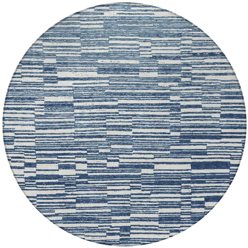 8' Navy Blue And Blue Round Striped Washable Indoor Outdoor Area Rug Photo 3