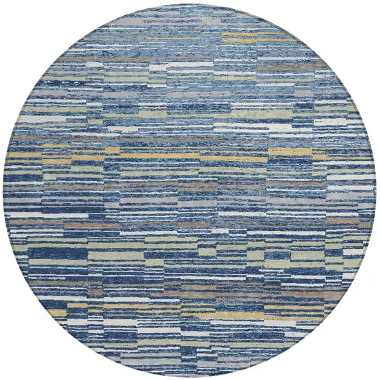 8' Navy Blue And Blue Round Striped Washable Indoor Outdoor Area Rug Photo 1