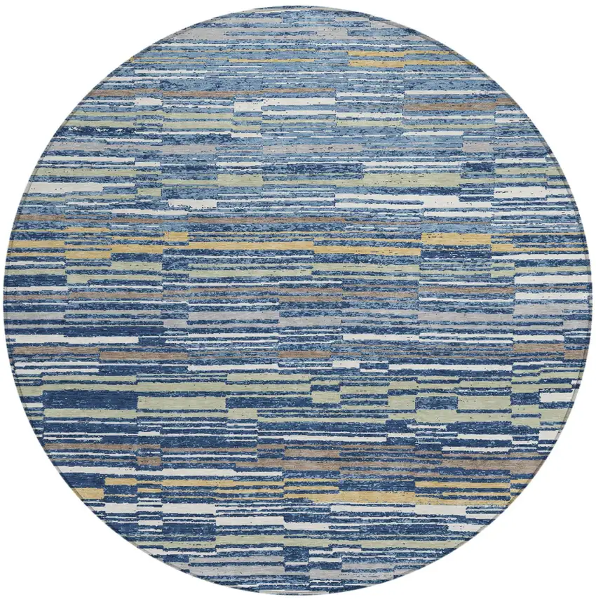 8' Navy Blue And Blue Round Striped Washable Indoor Outdoor Area Rug Photo 1