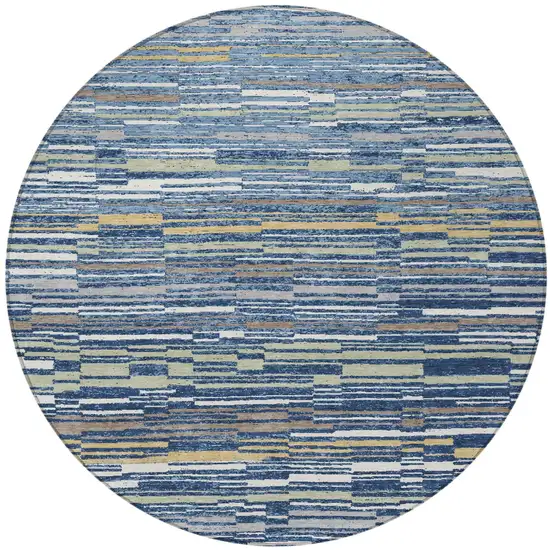8' Navy Blue And Blue Round Striped Washable Indoor Outdoor Area Rug Photo 2