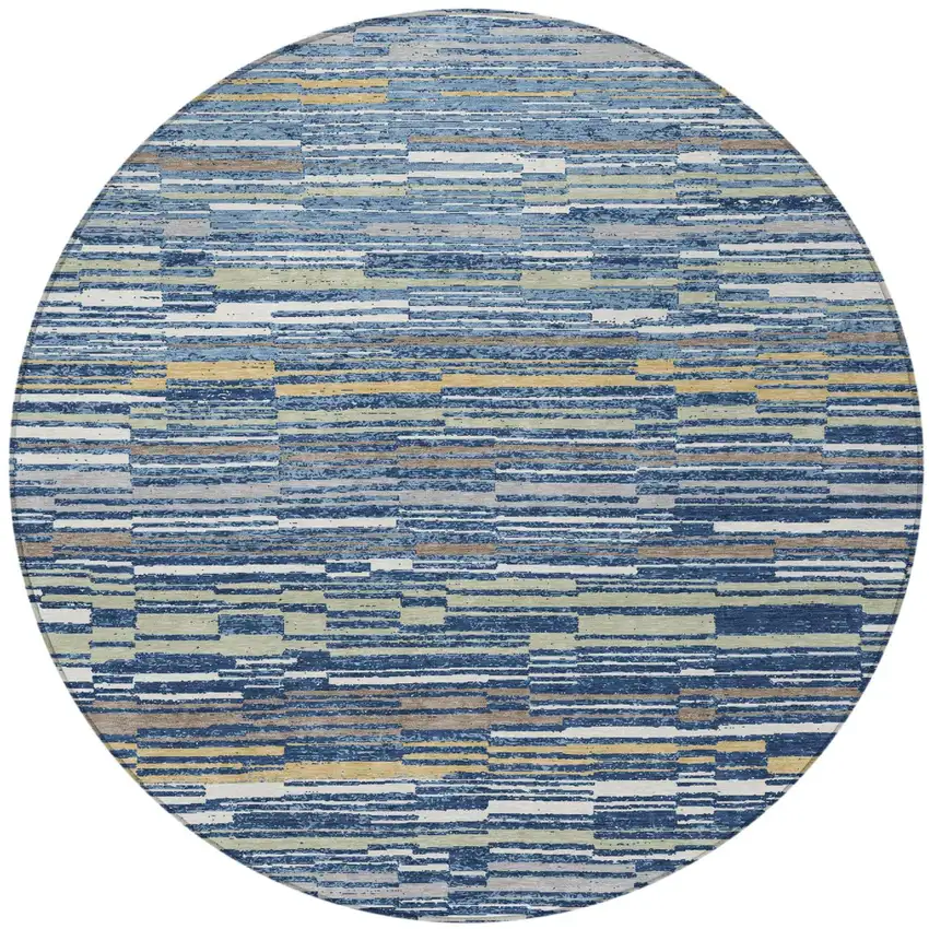 8' Navy Blue And Blue Round Striped Washable Indoor Outdoor Area Rug Photo 2