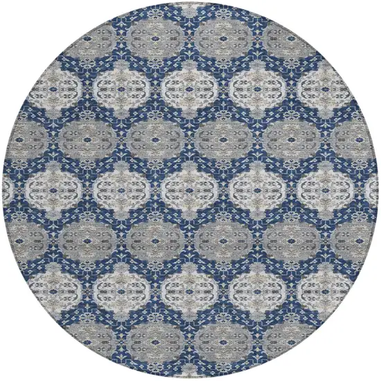 8' Navy Blue And Blue Round Striped Washable Indoor Outdoor Area Rug Photo 1