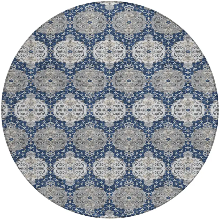 8' Navy Blue And Blue Round Striped Washable Indoor Outdoor Area Rug Photo 1