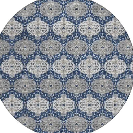 8' Navy Blue And Blue Round Striped Washable Indoor Outdoor Area Rug Photo 2