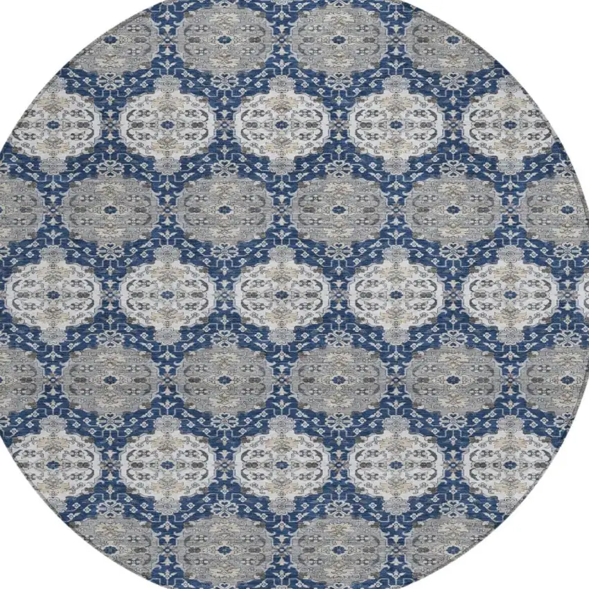 8' Navy Blue And Blue Round Striped Washable Indoor Outdoor Area Rug Photo 2