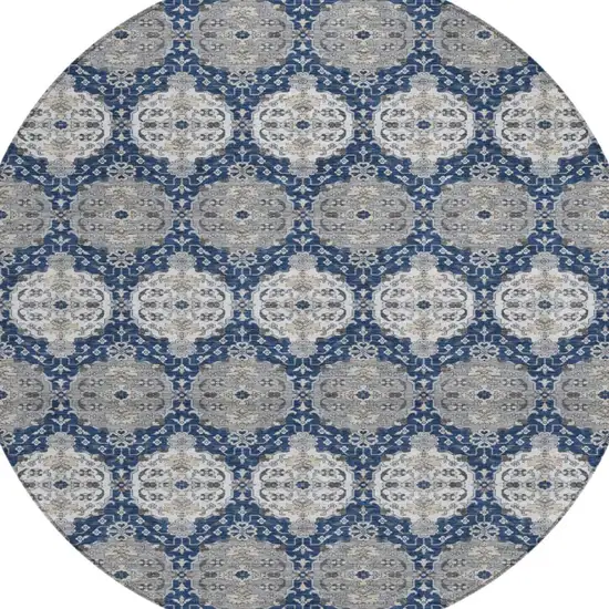 8' Navy Blue And Blue Round Striped Washable Indoor Outdoor Area Rug Photo 3