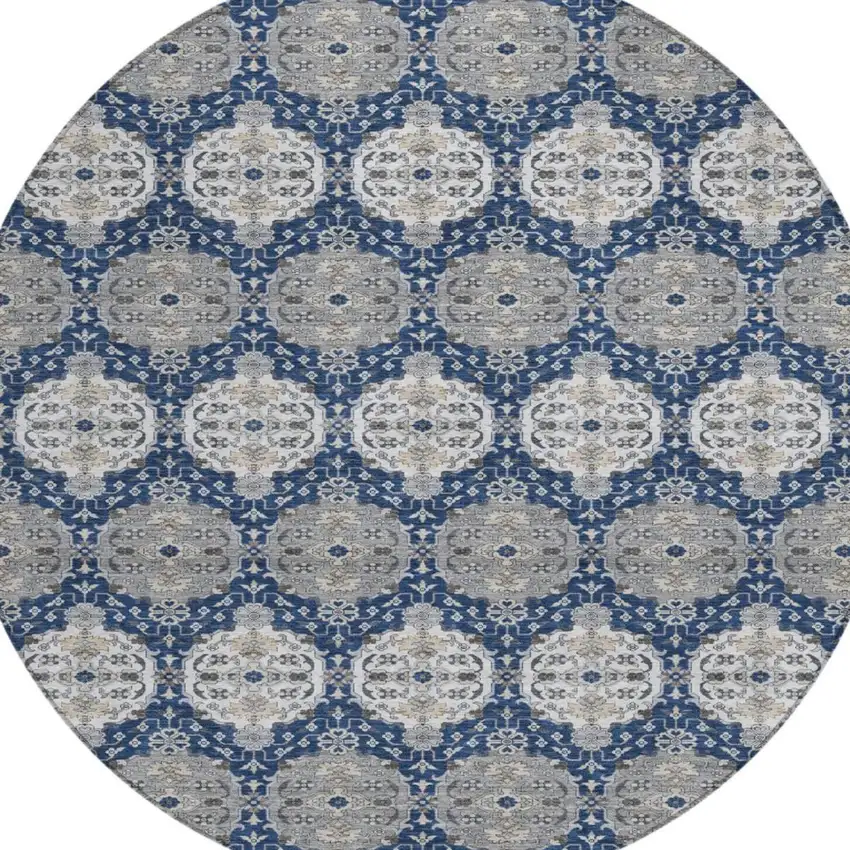 8' Navy Blue And Blue Round Striped Washable Indoor Outdoor Area Rug Photo 3