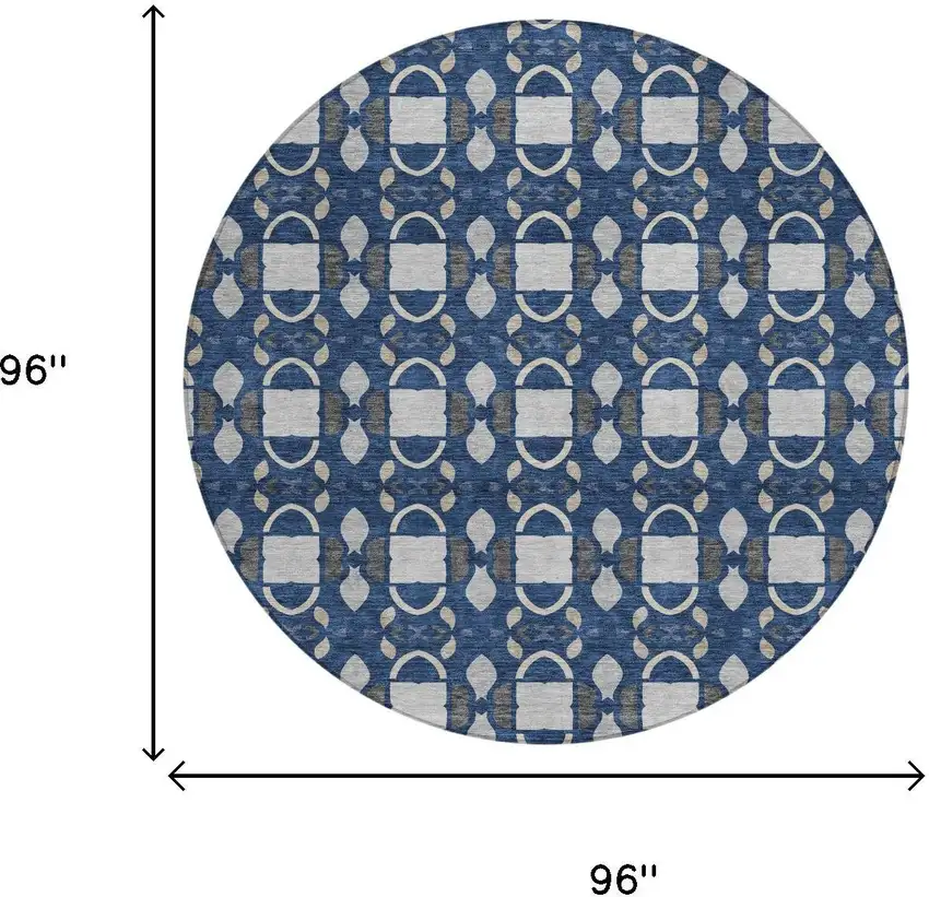 8' Navy Blue And Blue Round Striped Washable Indoor Outdoor Area Rug Photo 6