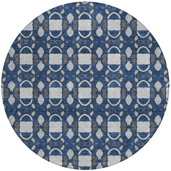 8' Navy Blue And Blue Round Striped Washable Indoor Outdoor Area Rug Photo 2