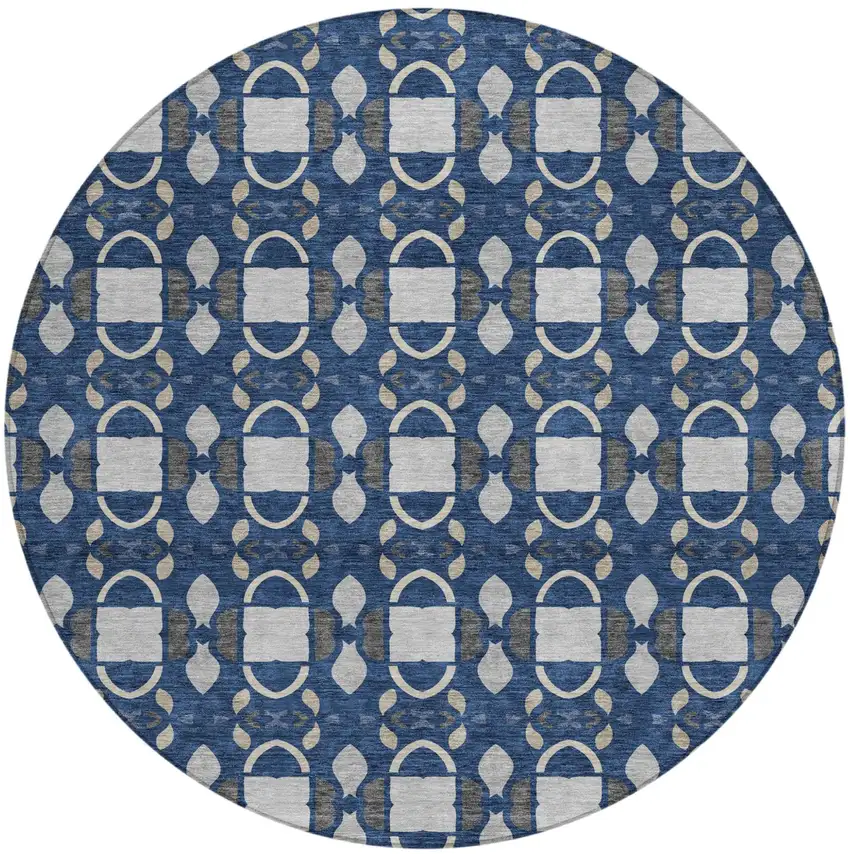 8' Navy Blue And Blue Round Striped Washable Indoor Outdoor Area Rug Photo 2