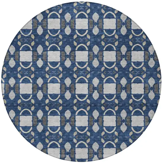 8' Navy Blue And Blue Round Striped Washable Indoor Outdoor Area Rug Photo 3