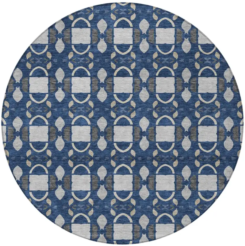 8' Navy Blue And Blue Round Striped Washable Indoor Outdoor Area Rug Photo 3