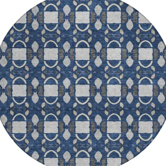 8' Navy Blue And Blue Round Striped Washable Indoor Outdoor Area Rug Photo 1