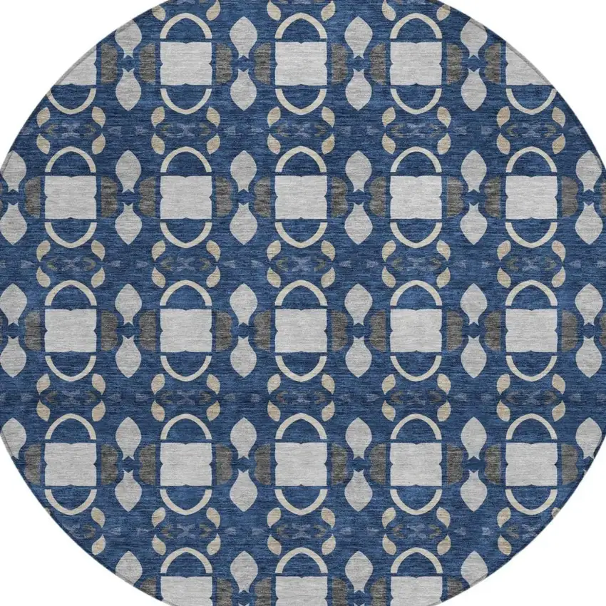 8' Navy Blue And Blue Round Striped Washable Indoor Outdoor Area Rug Photo 1