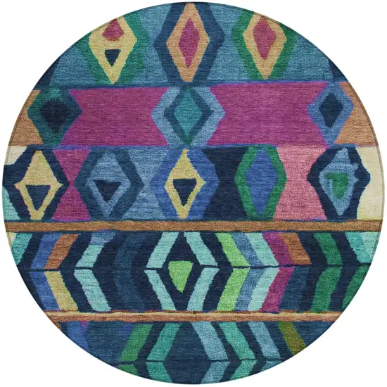 8' Navy Blue And Blue Round Tribal Washable Indoor Outdoor Area Rug Photo 2