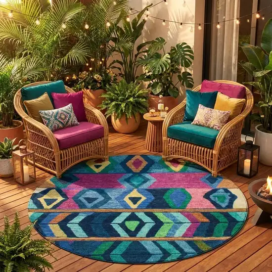 8' Navy Blue And Blue Round Tribal Washable Indoor Outdoor Area Rug Photo 1
