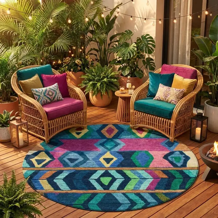 8' Navy Blue And Blue Round Tribal Washable Indoor Outdoor Area Rug Photo 1