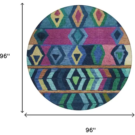 8' Navy Blue And Blue Round Tribal Washable Indoor Outdoor Area Rug Photo 6