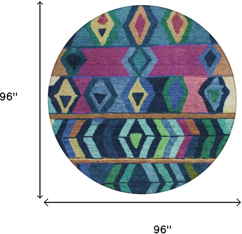 8' Navy Blue And Blue Round Tribal Washable Indoor Outdoor Area Rug Photo 6
