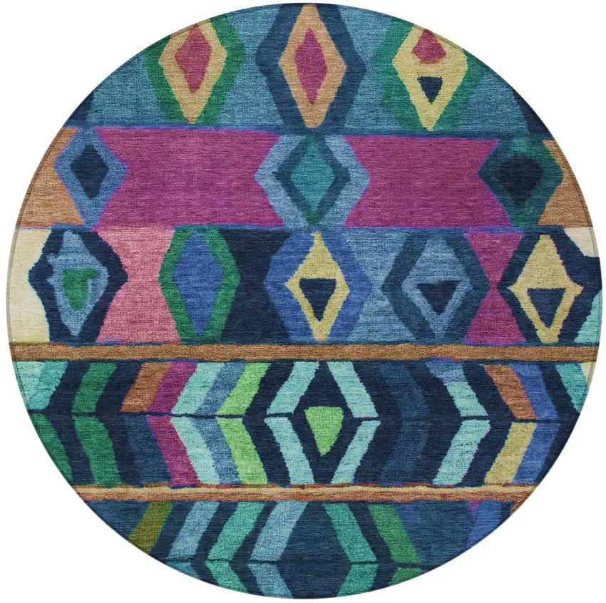 8' Navy Blue And Blue Round Tribal Washable Indoor Outdoor Area Rug Photo 3