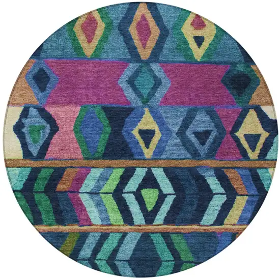 8' Navy Blue And Blue Round Tribal Washable Indoor Outdoor Area Rug Photo 3
