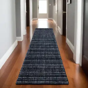 Photo of 8' Navy Blue And Blue Striped Hand Tufted Runner Rug
