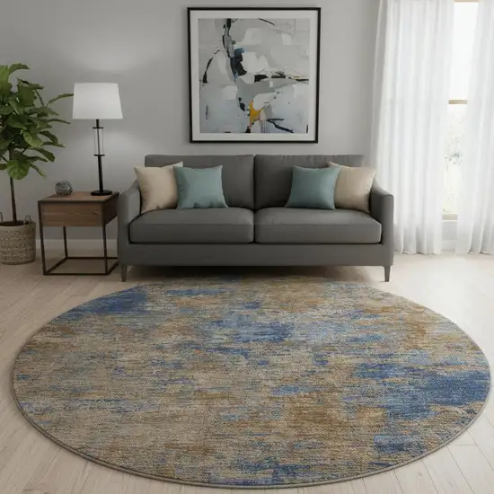 8' Navy Blue And Brown Abstract Washable Round Rug With UV Protection Photo 2
