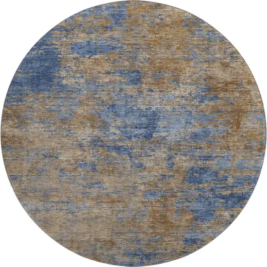 8' Navy Blue And Brown Abstract Washable Round Rug With UV Protection Photo 1
