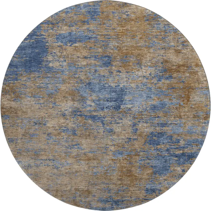 8' Navy Blue And Brown Abstract Washable Round Rug With UV Protection Photo 1