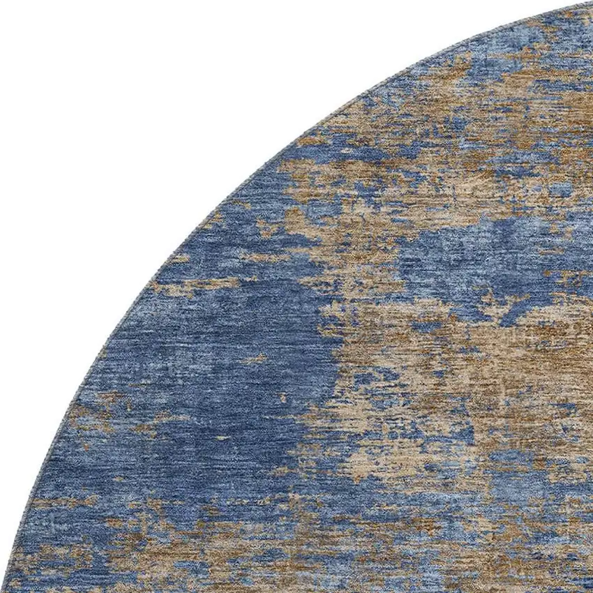 8' Navy Blue And Brown Abstract Washable Round Rug With UV Protection Photo 2