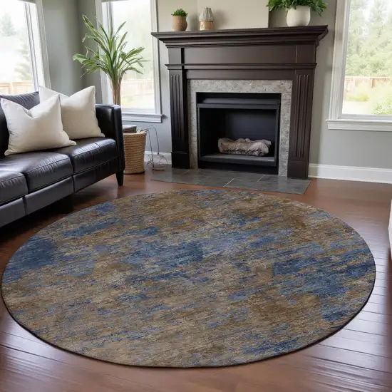 8' Navy Blue And Brown Abstract Washable Round Rug With UV Protection Photo 4