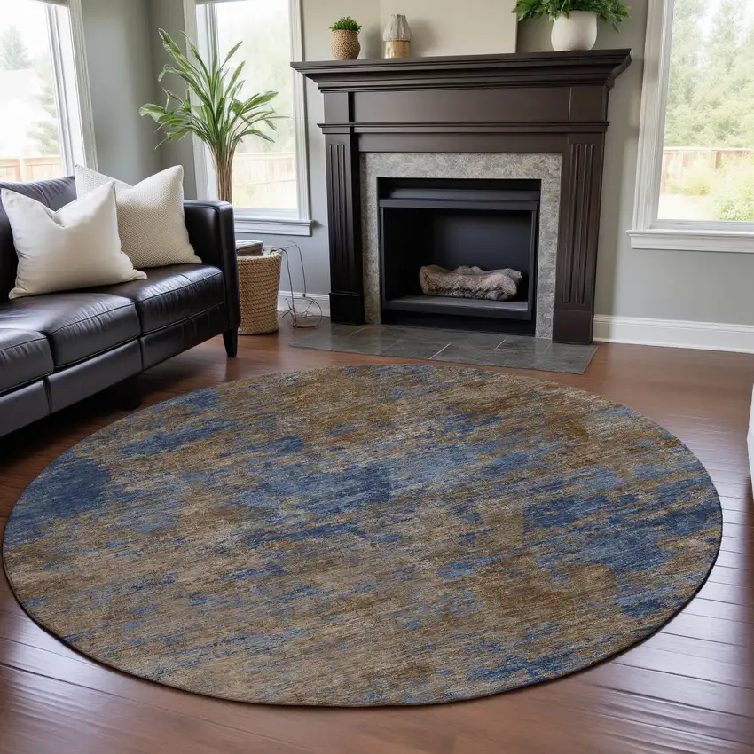 8' Navy Blue And Brown Abstract Washable Round Rug With UV Protection Photo 4